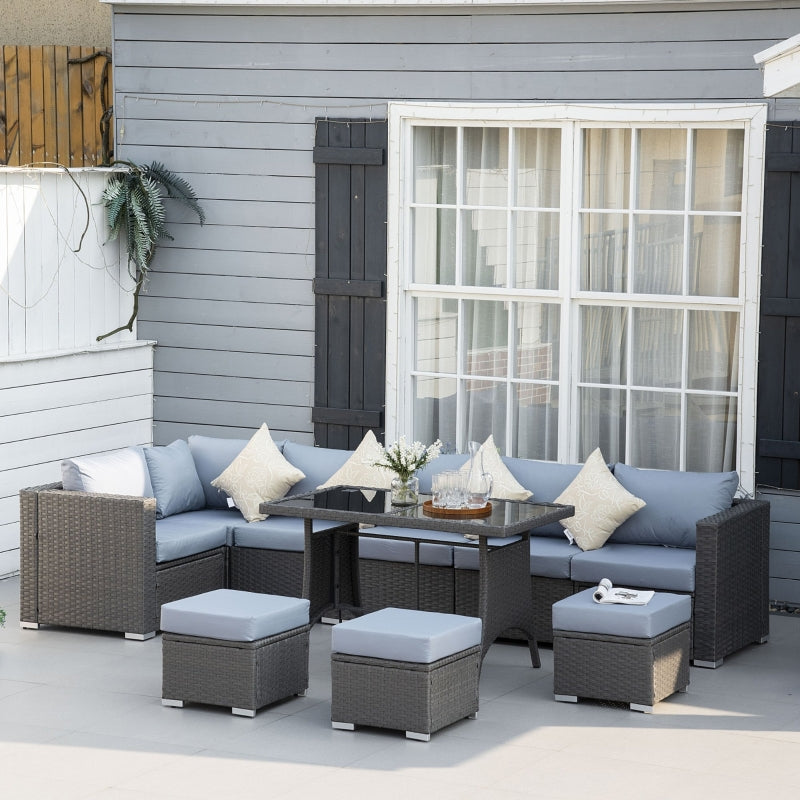 9-Seater Rattan Corner Sofa Set - 10 Pieces With Grey Frame and Dusty Blue Cushions