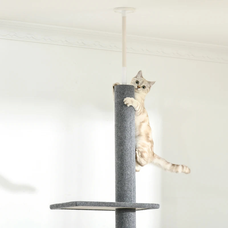 260cm Indoor Cat Tree with 3 Platforms - Grey Floor to Ceiling Activity Centre for Cats