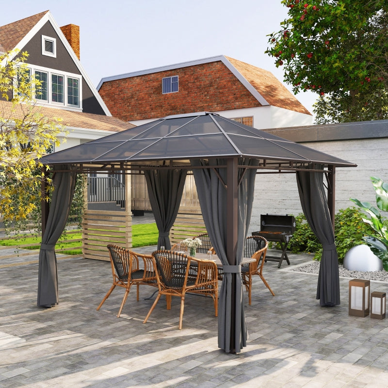 3 x 3.6m Hardtop Gazebo Canopy - Dark Grey Polycarbonate Roof Garden Pavilion with Removable Curtains and Steel Frame