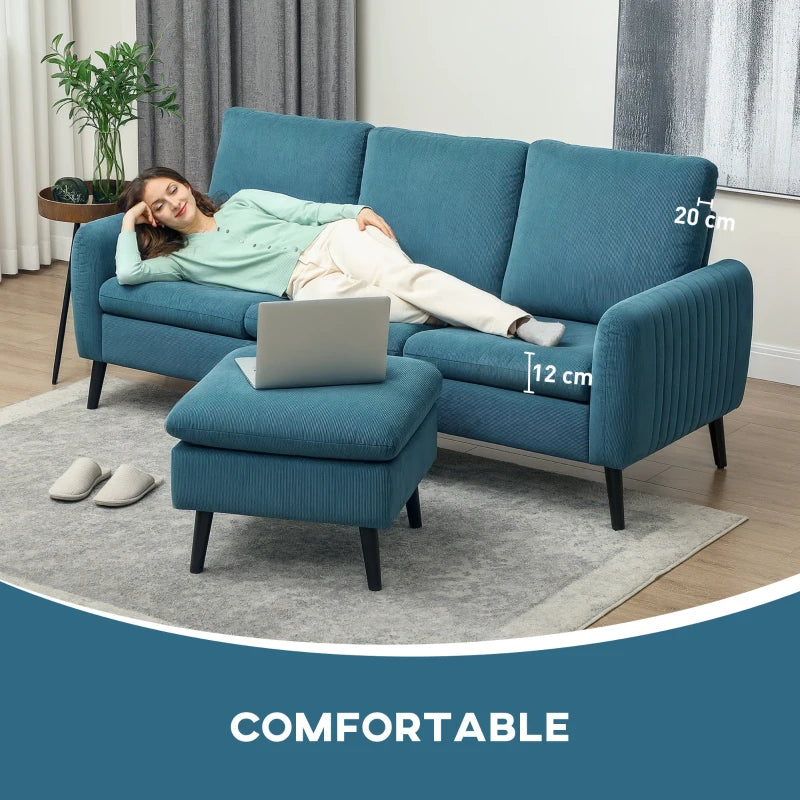L-shaped 3 Seater Corduroy Sofa with Ottoman and Reversible Chaise for Small Living Rooms, Blue
