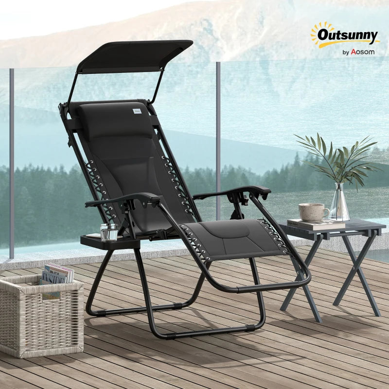Zero Gravity Lounger Chair - Folding Reclining Patio Chair with Shade Cover, Padded Seat, Cup Holder, Soft Cushion and Headrest - Black, Large