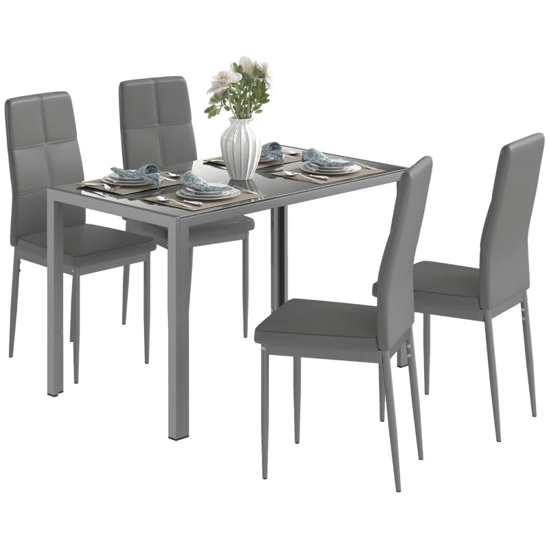 5-Piece Grey Kitchen Dining Table Set with Glass Top & 4 Faux Leather Chairs - Modern Metal Frame Design
