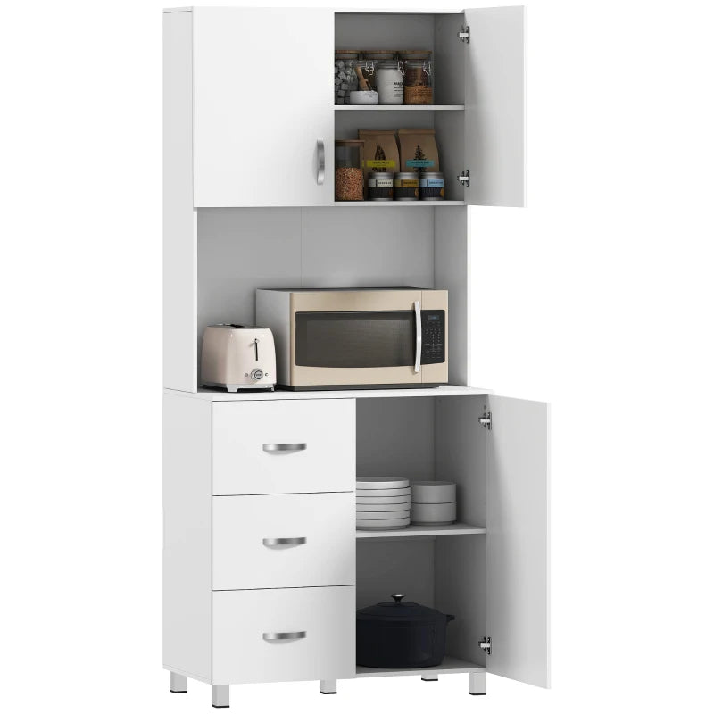 Free Standing Kitchen Cupboard - White Storage Cabinet with Doors, Shelves, 3 Drawers & Adjustable Height - Versatile Kitchen Organizer