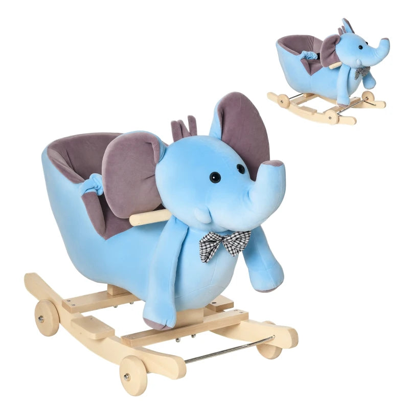 2-in-1 Plush Baby Rocking Horse Elephant with Wheels - Wooden Toy for Kids, 32 Songs, Ages 18+ Months (Blue)