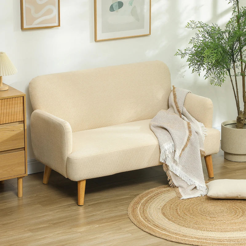 Velvet Feel Fabric 2 Seater Sofa - Small Loveseat with Thick Padding and Wooden Legs in Cream White