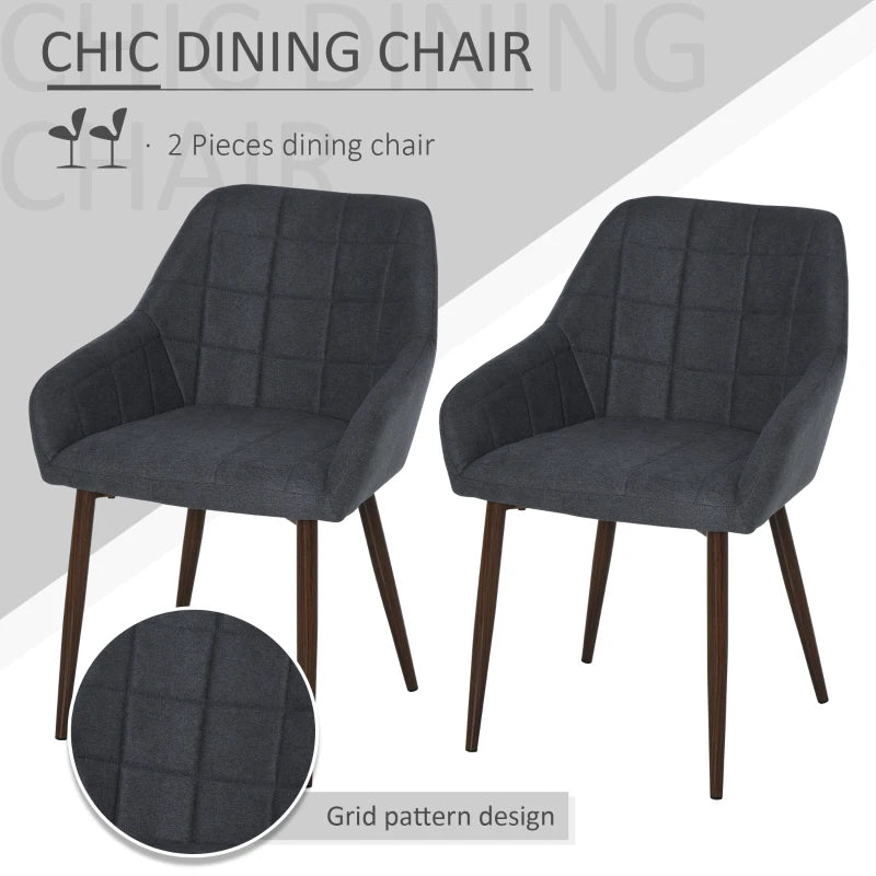 2-Piece Linen-Touch Dining Chair Set with Grid Pattern Cushion, Mid Back Leisure Armchair, Steel Legs, Sponge Padding