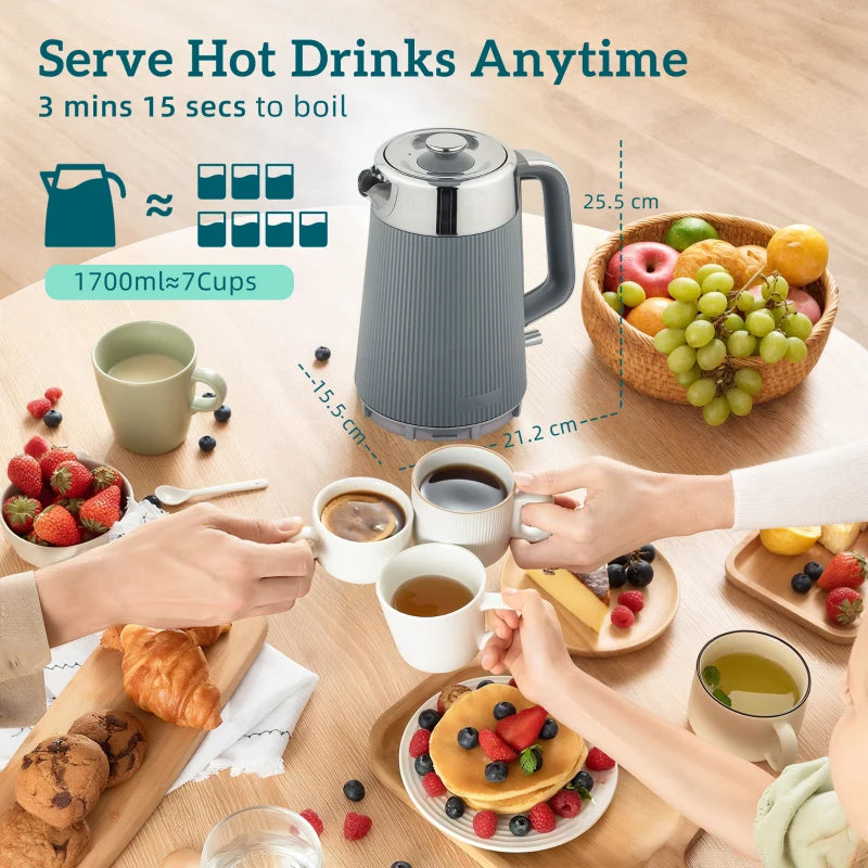 Electric Stainless Steel Kettle & Toaster Set - 3000W Fast Boil 1.7L Kettle with Strix Thermostat & 4 Slice Toaster, Grey