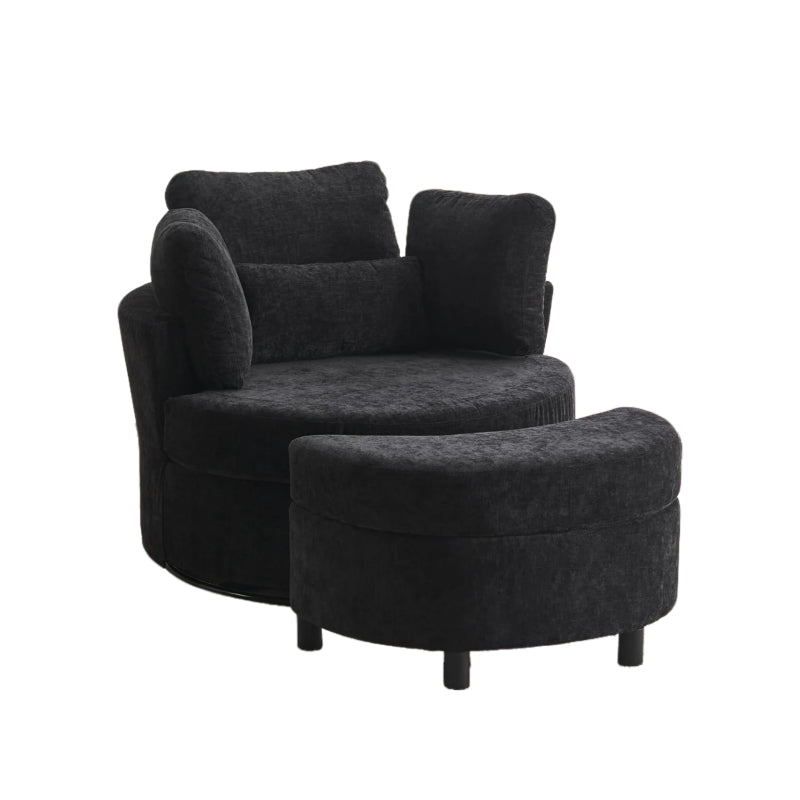 360° Swivel Bedroom Chair with Cushions and Ottoman Stool, Stylish Armchair for Living Room, Black, 107L x 105W x 82H cm