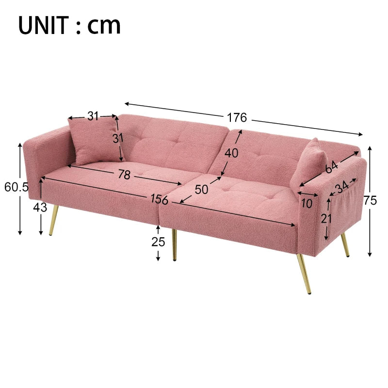 Adjustable Backrest Sofa Bed with Gold Legs and Side Pockets, Sherpa Fabric, Pink, 176L x 64W x 75H cm