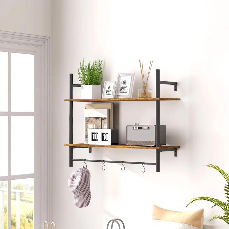 Rustic Wall Mounted Floating Shelves with 4 Hooks - Stylish Shelf Unit for Living Room & Entryway - Rustic Brown Finish