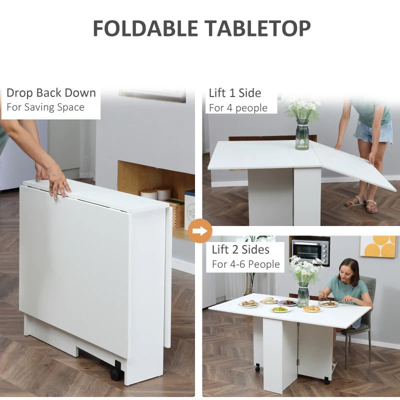 Folding Drop Leaf Dining Table with 2-Tier Shelves & Rolling Casters - Space-Saving Kitchen Table in White
