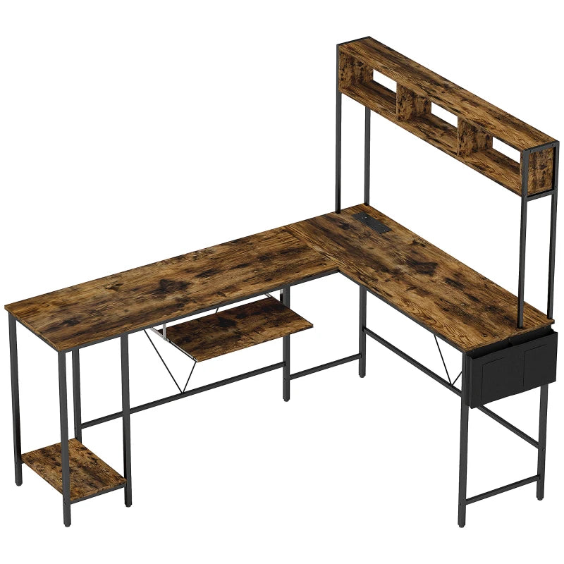 240cm Reversible L Shaped Desk with Power Outlet & Storage Shelves - Industrial Corner Computer Desk for 2 Person, Rustic Brown