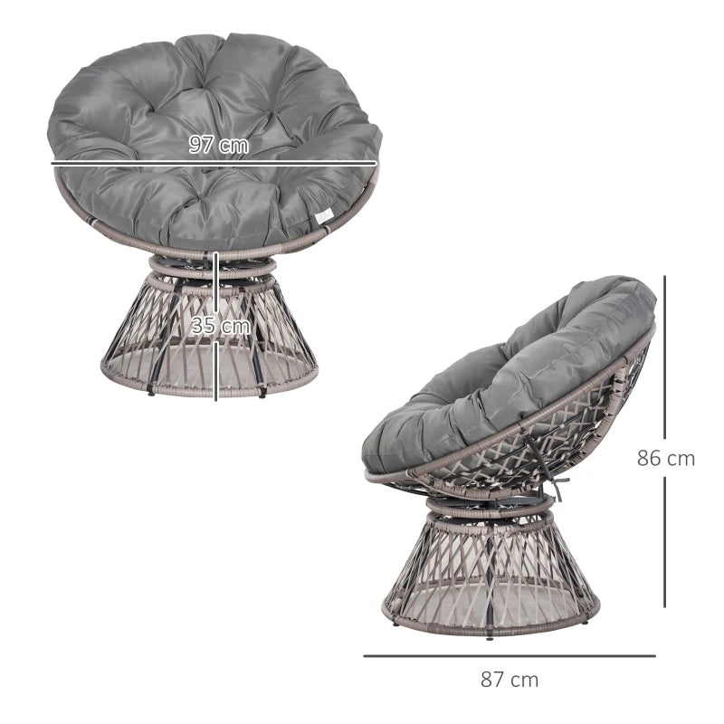 Grey Swivel Rattan Moon Bowl Chair with Padded Cushion