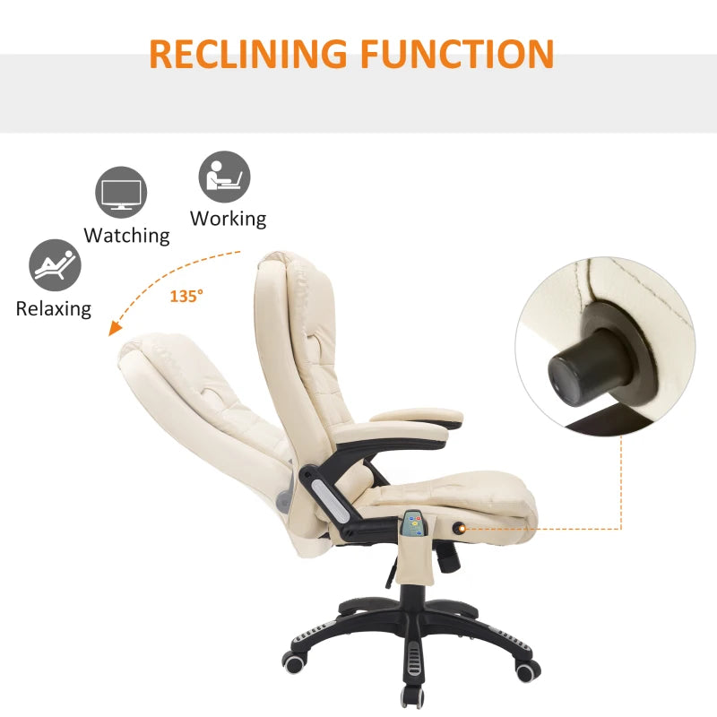 Beige 6-Point Massage Office Chair with Heated Seat - PU Leather High Back Executive Desk Chair, Adjustable Height & 360° Swivel