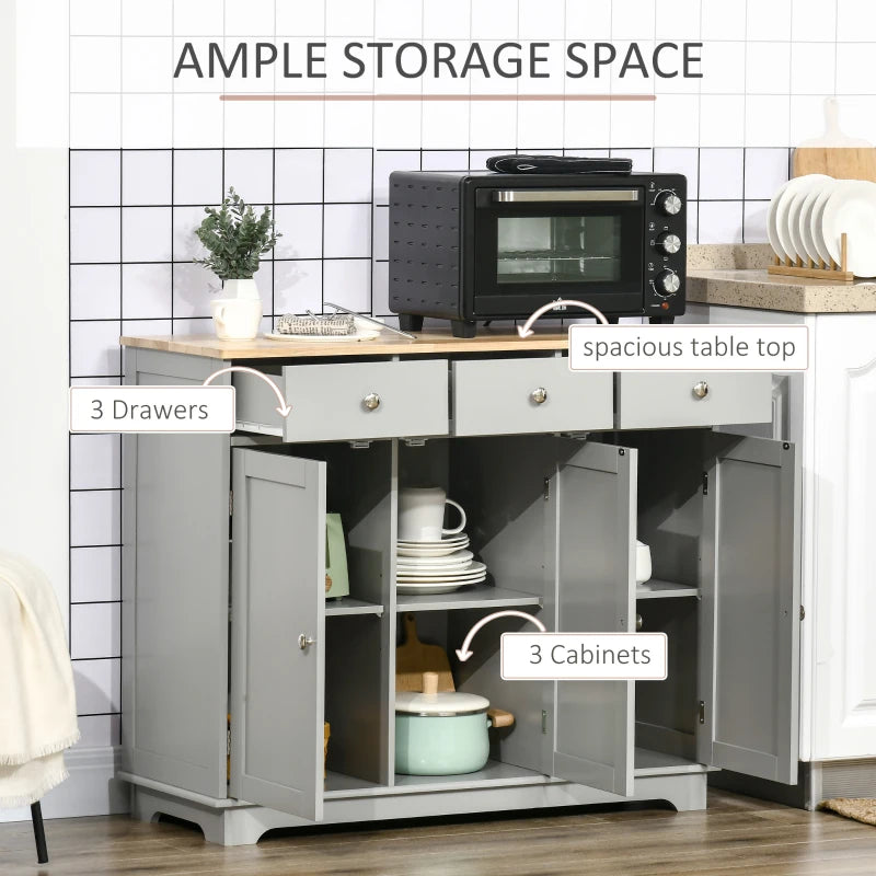 Modern Grey Sideboard with Rubberwood Top & Adjustable Shelves - Perfect for Dining Room & Kitchen Storage