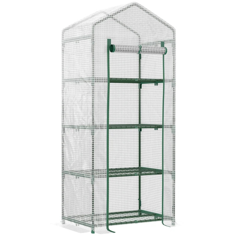 Compact White 4 Tier Mini Greenhouse with Steel Frame and Roll-up Door