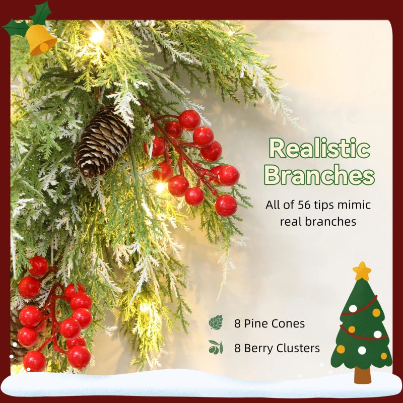 60 cm Prelit Christmas Wreath - Realistic Branches, 30 Warm White LEDs, Timer, Battery Operated Door Decor