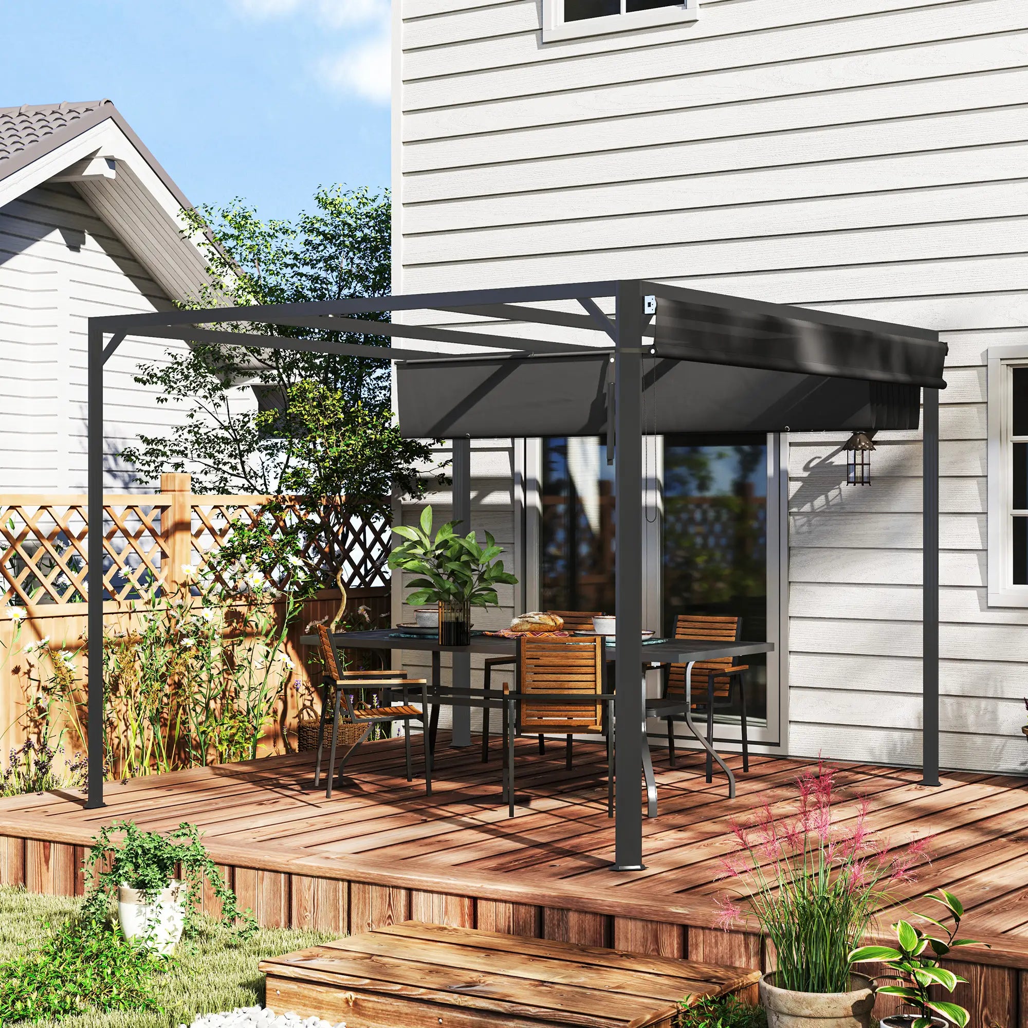 3m x 3m Aluminium Pergola With Retractable Roof and Wall - Dark Grey