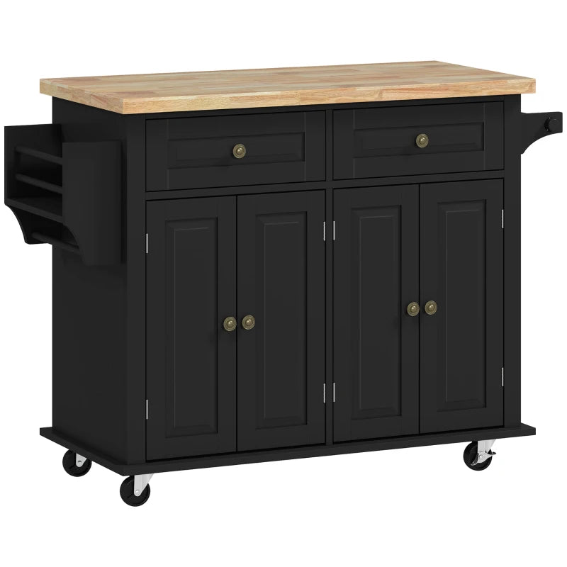 Rolling Kitchen Island Storage Trolley with Rubber Wood Top & Drawers - Stylish Black Dining Room Cart