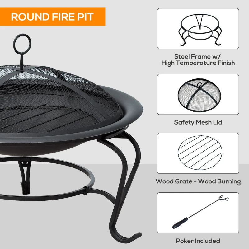 Metal Fire Pit Bowl - Round Outdoor Fire Pit with Lid, Log Grate & Poker for Backyard BBQ & Camping - 56cm