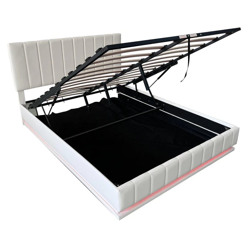5ft Upholstered King Bed with Hydraulic Storage & RGB LED Lighting - Adjustable Headboard, Cream White, 203L x 157W x 111H cm