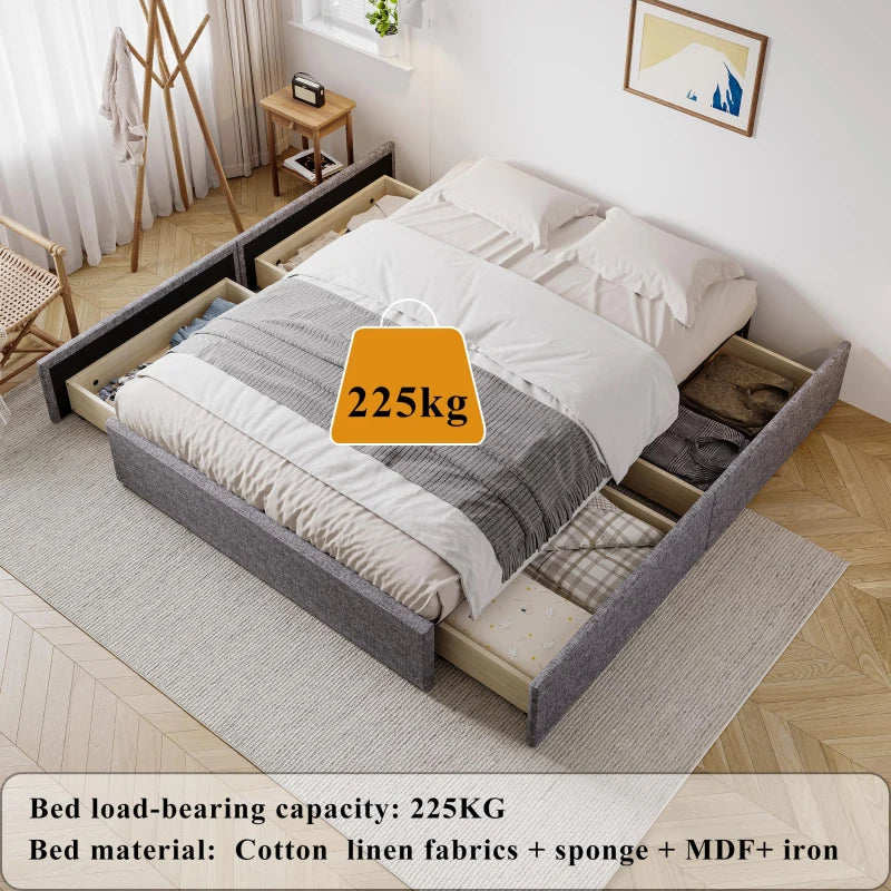 Upholstered Storage Bed with 4 Drawers - Double Bed with Iron Frame & Wooden Slats, Grey, 193.5 x 141 x 30 cm