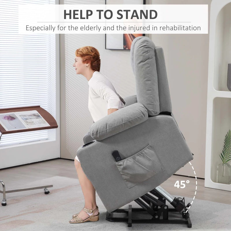Oversized Riser Recliner Chair for Elderly - Fabric Lift Chair with Remote, Side Pockets, Cup Holder, Light Grey