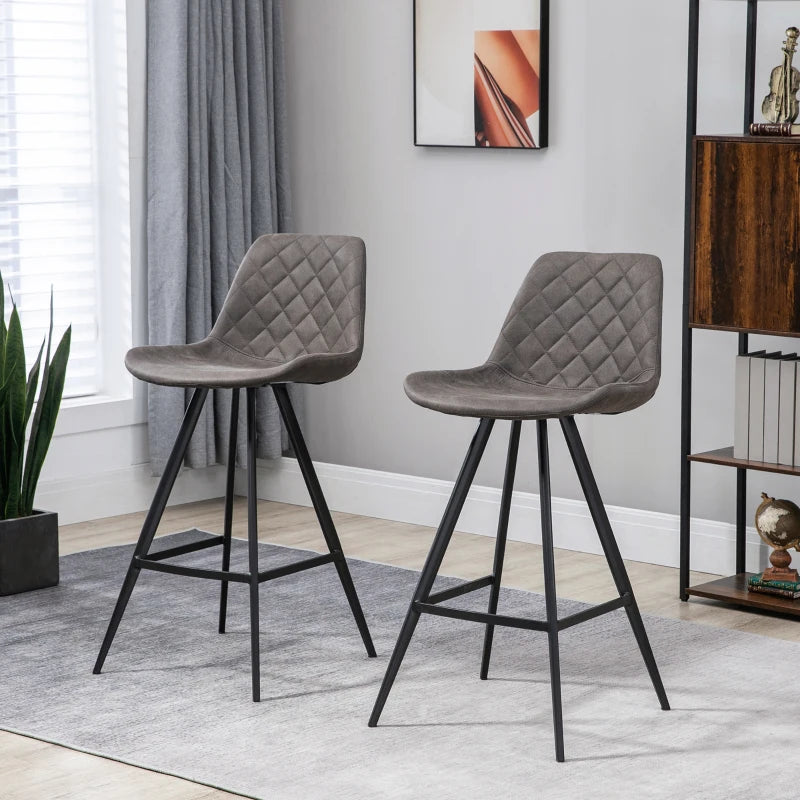 Set of 2 Vintage Dark Grey Microfiber Bar Stools - Comfortable Padded Tub Seats with Steel Frame & Footrest for Home Cafe Kitchen
