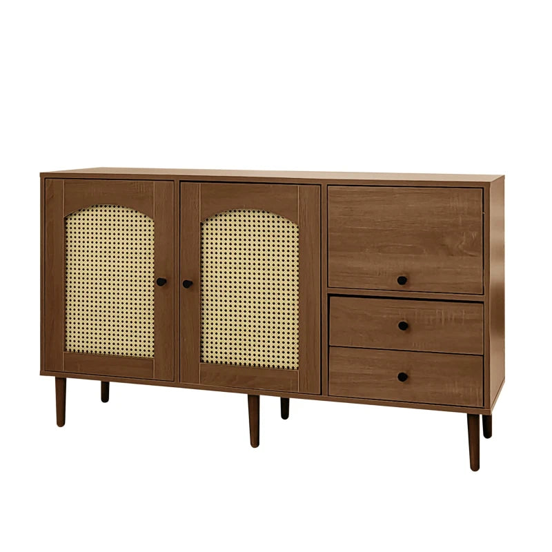Country-Style Rattan Door Sideboard with Adjustable Shelves - Natural Wood Cabinet for Living Room & Hallway, 130x40x75.5 cm