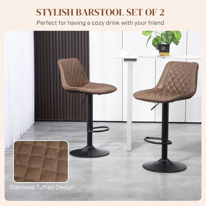 Retro Adjustable Bar Stools Set of 2 - Swivel PU Leather Kitchen Chairs with Back, Footrest & Steel Base - Brown