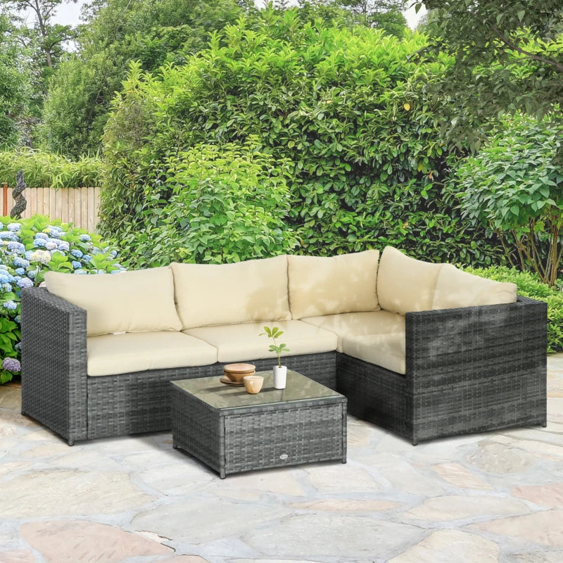 4 Seater Rattan Patio Furniture Set with Thick Beige Cushions