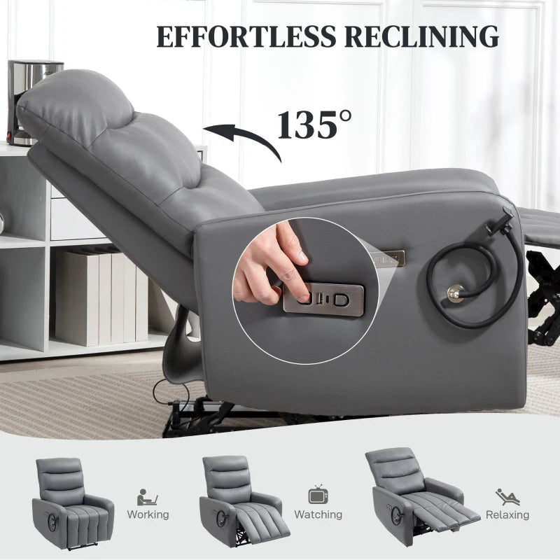 Electric Recliner Armchair with USB and Type C Charging, Phone Holder, Adjustable Leg Rest, Grey PU Leather for Living Room