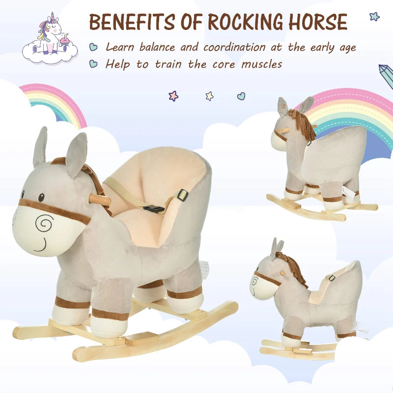 Kids Plush Rocking Horse with Sound | Safe Wooden Base Ride-On Donkey Toy for Toddlers 18-36 Months - Grey