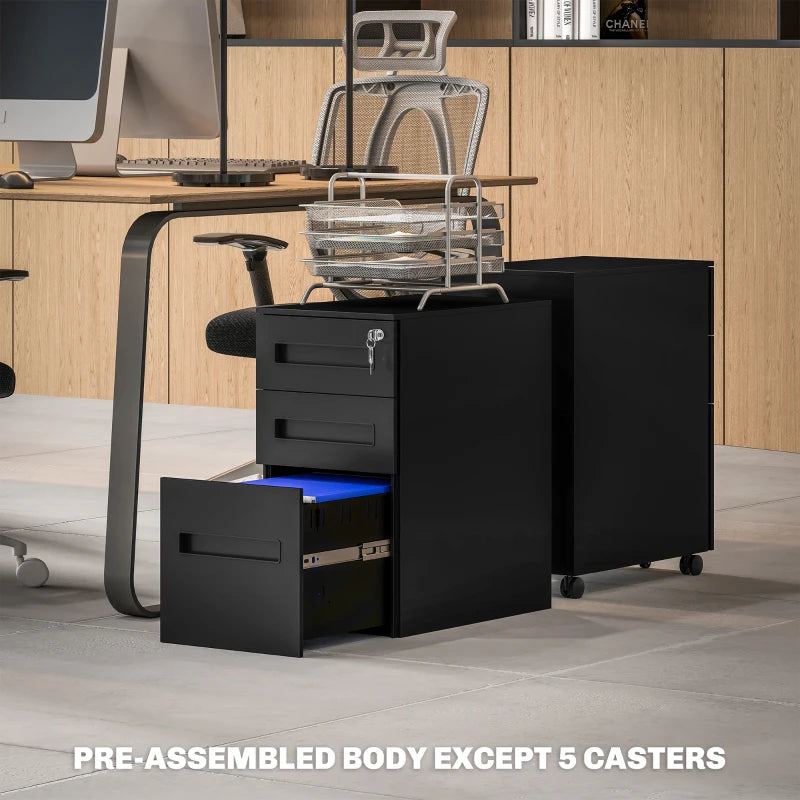 Vinsetto Black Three-Drawer Steel Filing Cabinet - Durable Office Storage Solution for Organizing Documents and Files