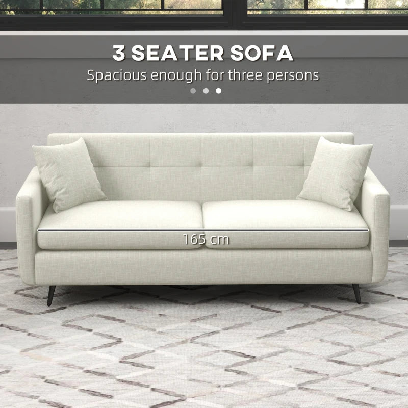 Modern 165cm 3-Seater Sofa for Living Room, Tufted Fabric Couch with Steel Legs and Storage Pockets, Beige