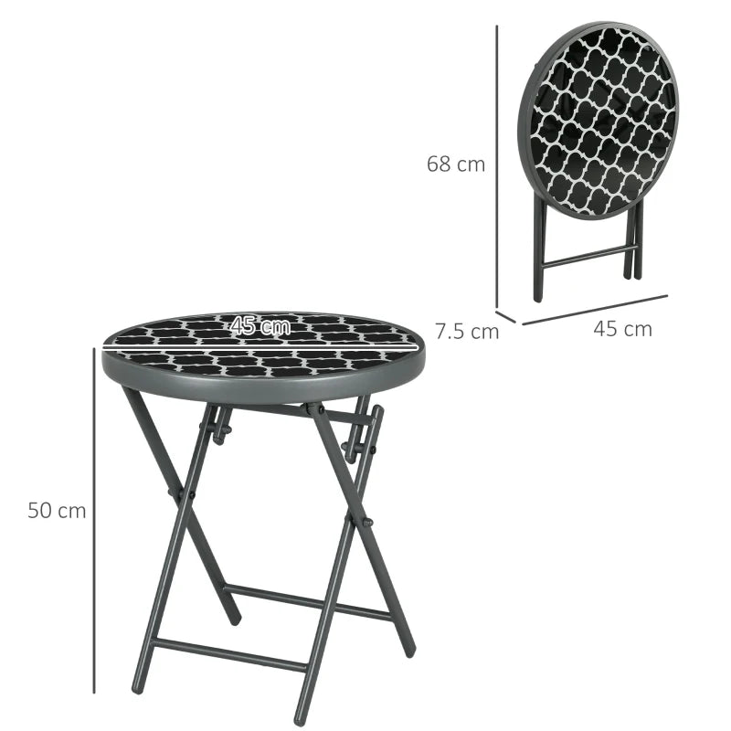 45cm Round Garden Side Table - Outdoor Folding Patio Table with Imitation Marble Glass Top - Black & White Coffee Table
