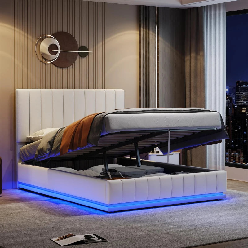 5ft Upholstered King Bed with Hydraulic Storage & RGB LED Lighting - Adjustable Headboard, Cream White, 203L x 157W x 111H cm