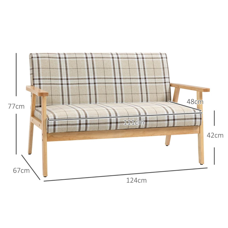 Compact Loveseat Sofa with Lattice Design and Rubber Wood Frame in Beige and Coffee