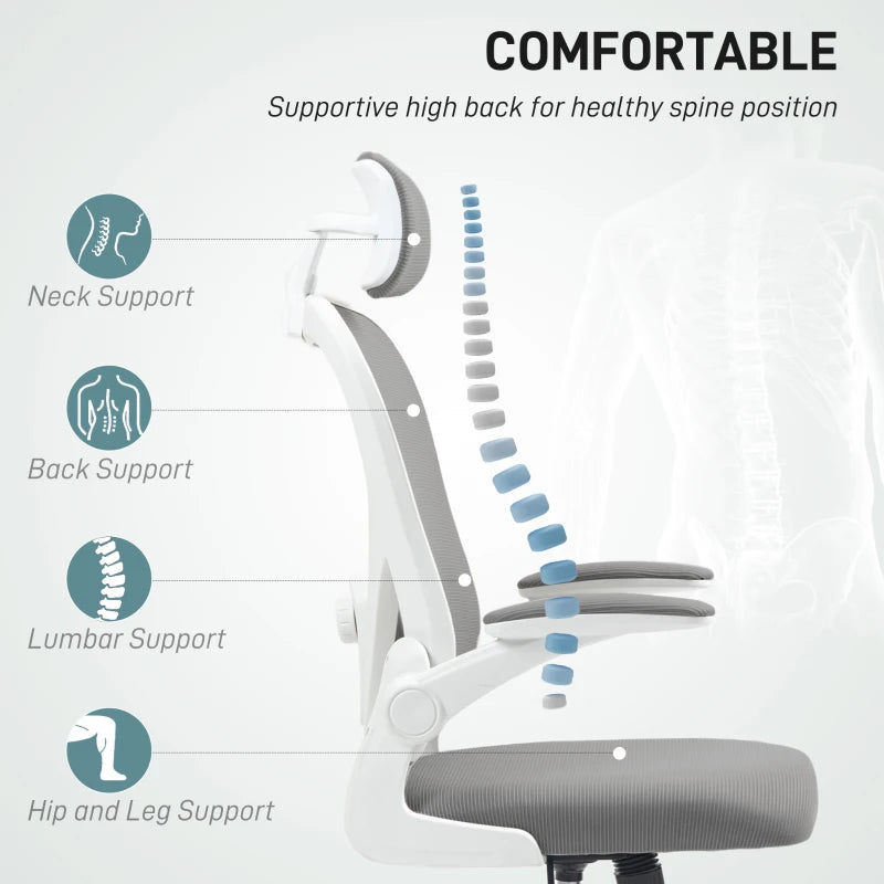 Ergonomic Executive Office Chair - High Back Mesh Desk Chair with Flip-Up Armrests, Rotatable Headrest & Adjustable Lumbar Support - Grey