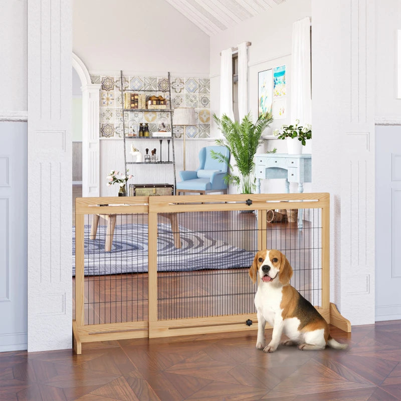 Freestanding Dog Gate - Foldable Indoor Pet Fence, Wooden Barrier for Doorways & Hallways, Adjustable 69H x 104-183 cm