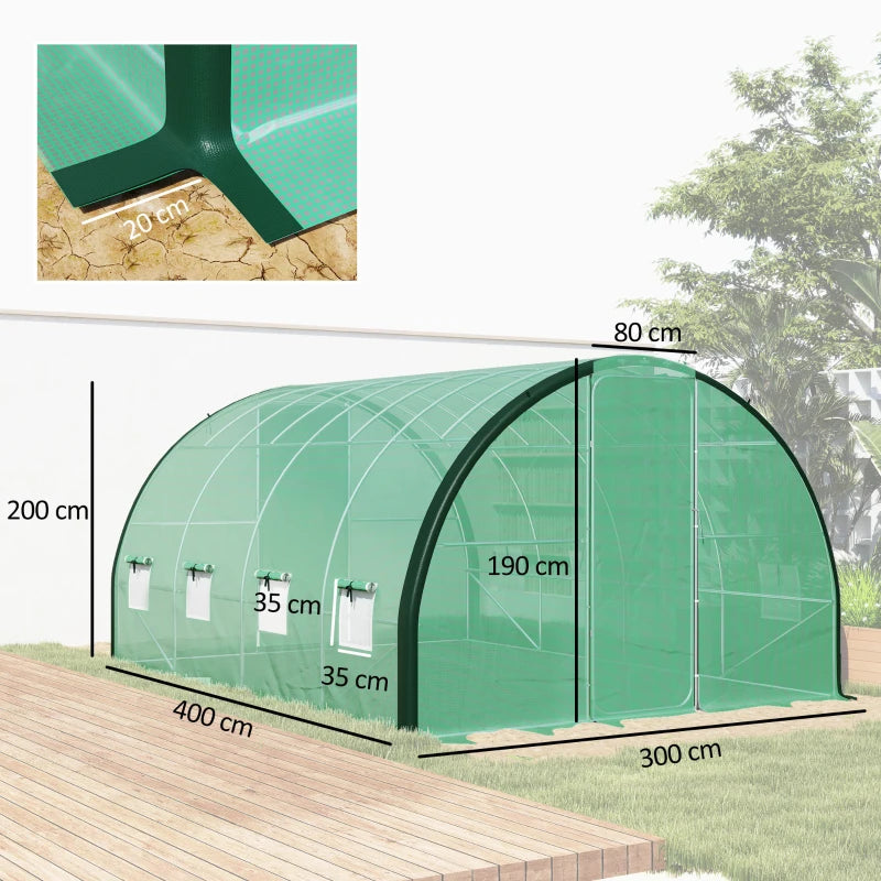 4m x 3m Green Polytunnel Greenhouse with Windows and Doors