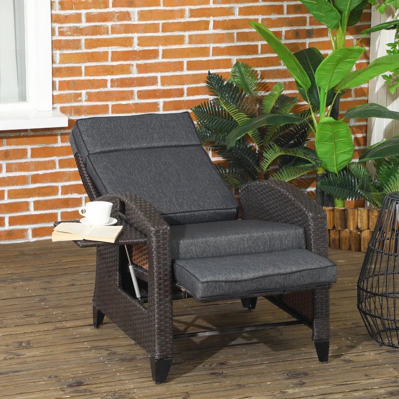 Grey Outdoor Recliner Chair with Adjustable Backrest, Footrest, Cushion, and Side Tray