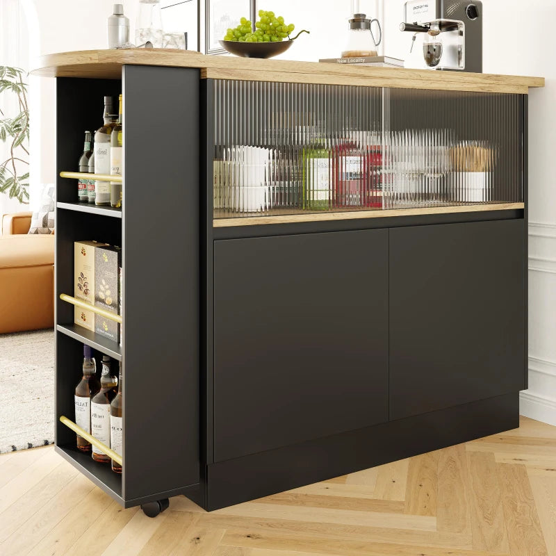 360° Swiveling Black Dining Bar Cabinet with Sliding Glass Doors & Open Shelves - Rotating Table, 90L x 120W x 100H cm