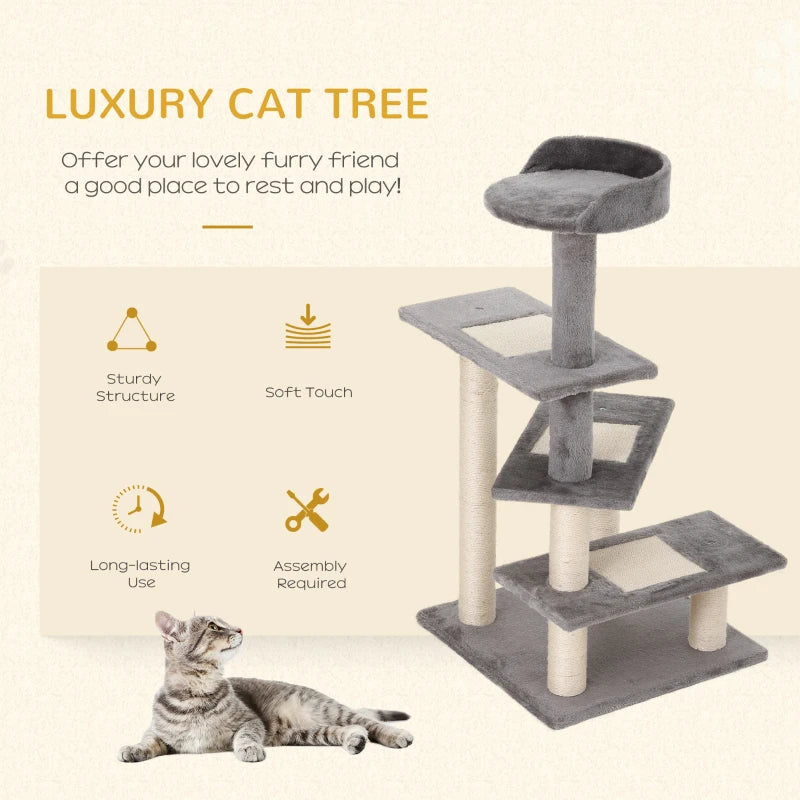 100 cm Cat Tree for Indoor Cats - Grey Kitten Scratching Post & Climbing Tower Activity Centre