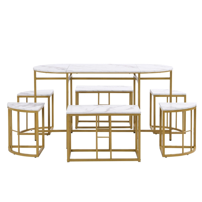 Modern Luxury Rattan 6-Seater Dining Table Set with Cushioned Chairs & Gold-Plated Iron Frames - Elegant Home Furniture
