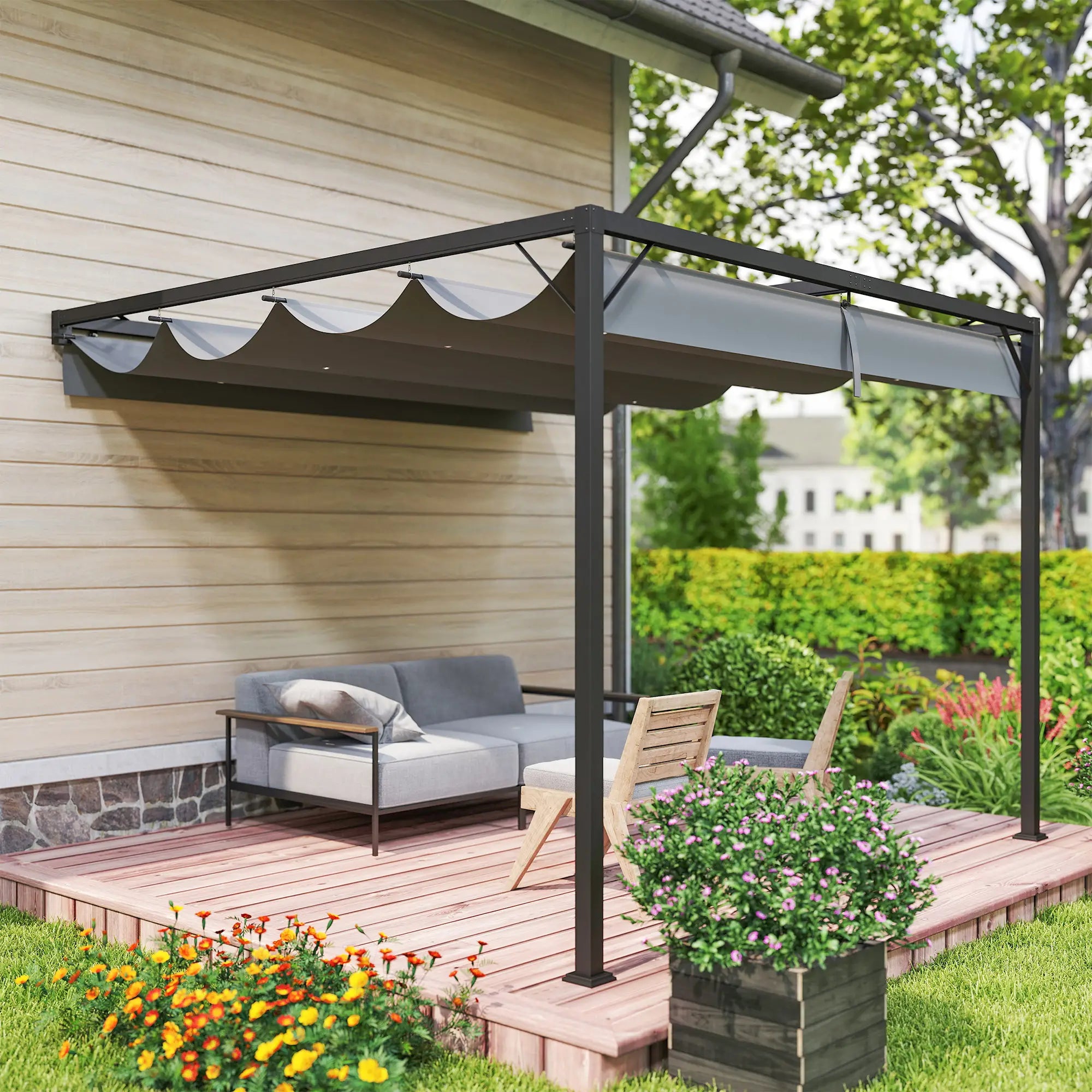3m x 3m Grey Lean-To Pergola with Retractable Canopy