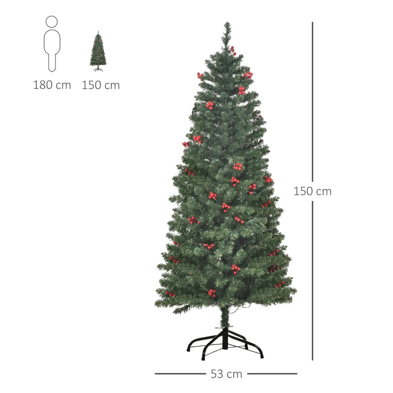 5FT Prelit Artificial Pencil Christmas Tree with Warm White LED Lights & Red Berries - Festive Holiday Home Decoration
