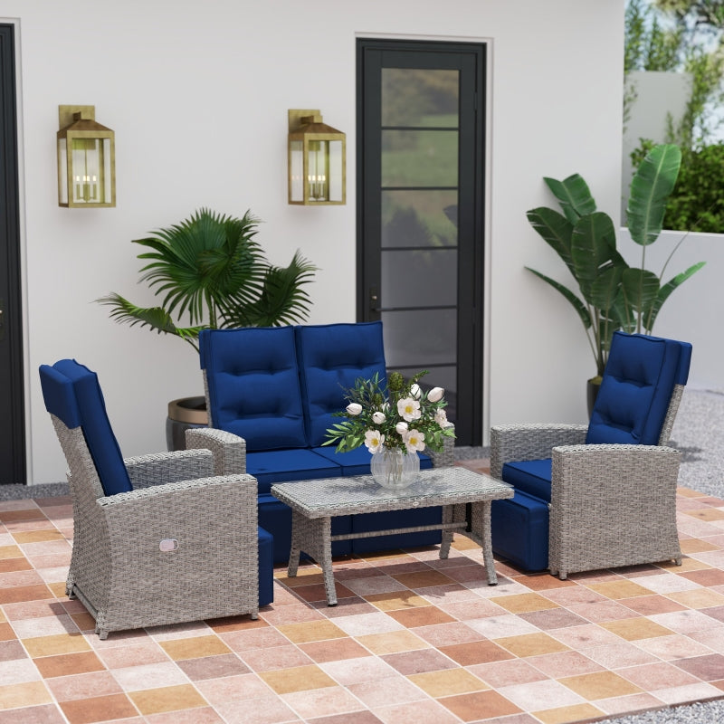 4 Piece Navy Blue Rattan Garden Furniture Set - Outdoor Sofa Sectional with Glass Top Table for Poolside