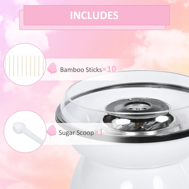 450W Electric Candyfloss Machine Kit - Non-Stick Plates, Fairground Fun for Kids & Adults, Perfect Party Gift, White Metal Body with Accessories