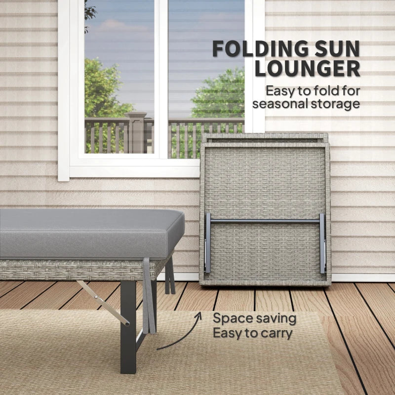 Grey Single Folding Rattan Sun Lounger with Cushion - Outdoor Relaxation Chair